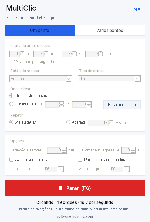 MultiClic clicando: botão vermelho Parar (F6), contador de cliques e cliques por segundo