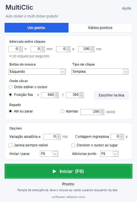 MultiClic no modo um ponto: intervalo entre cliques, botão do mouse, tipo de clique, posição fixa e repetições