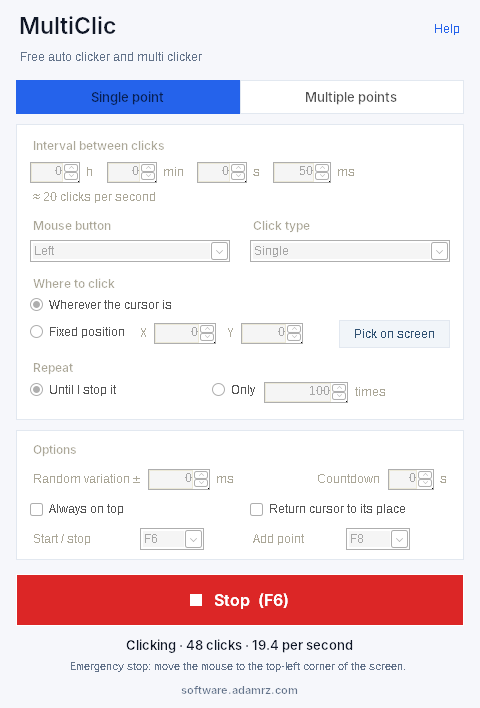 MultiClic clicking: red Stop (F6) button, click counter and clicks per second