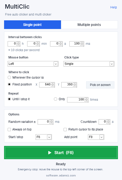 MultiClic auto clicker in single-point mode: click interval, mouse button, click type, fixed position and repeat options