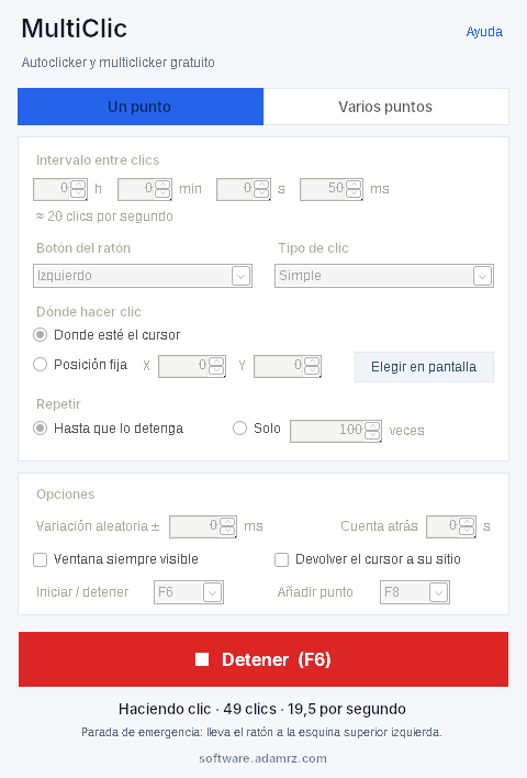MultiClic haciendo clic: botón rojo Detener (F6), contador de clics y clics por segundo