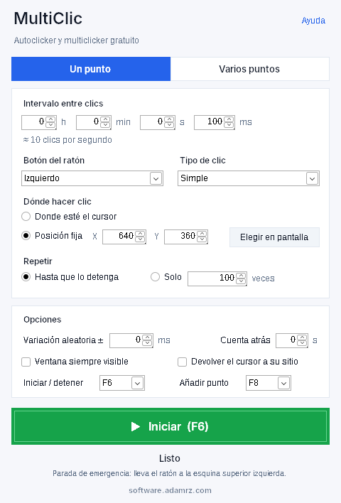 MultiClic en modo «Un punto»: intervalo entre clics, botón del ratón, tipo de clic, posición fija y repeticiones