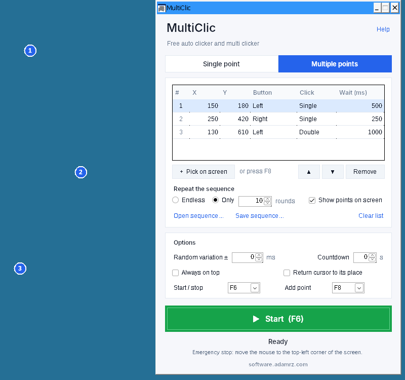 Numbered click points shown on the desktop next to the MultiClic window