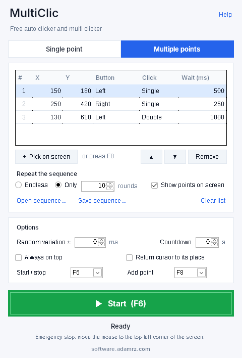 MultiClic in multi-point mode: click sequence table with the button, click type and delay of each point