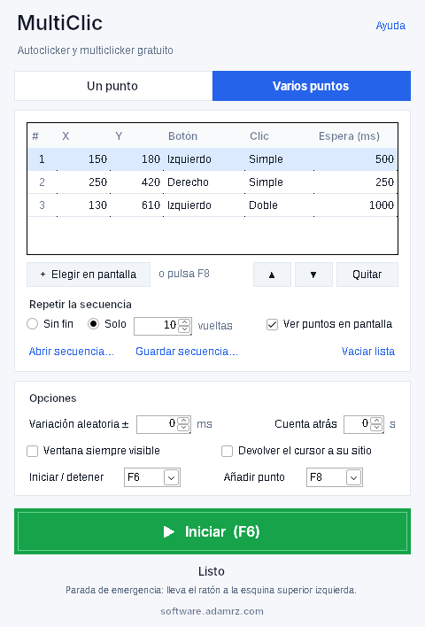 MultiClic en modo «Varios puntos»: tabla con la secuencia de clics y el botón, tipo de clic y espera de cada punto